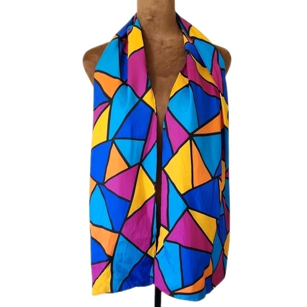 Vintage 100% Silk Scarf Geometric Colorful Artsy‎ Long Rectangle Honors